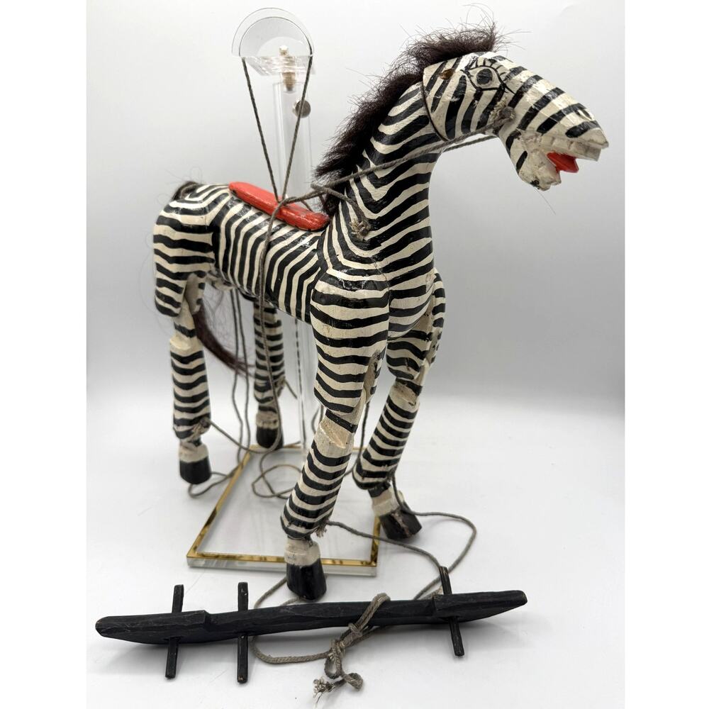 Vintage Thai Hand Carved Wood & Fur Zebra Marionette String Puppet